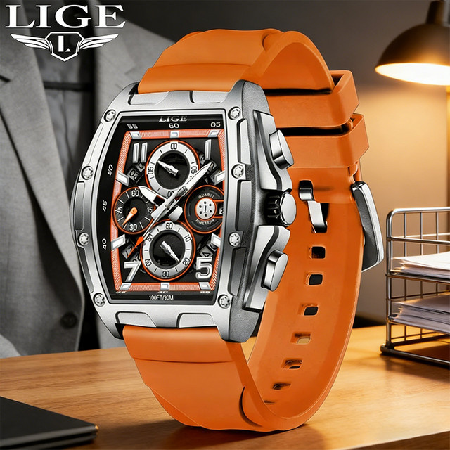 LIGE Armbanduhr Chronograph, Quarz, eckig, Silikon, Schwarz, Herren - Bild 1