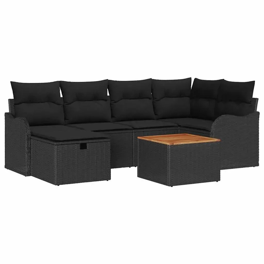vidaXL Garten-Sofa-Set aus Poly Rattan in Schwarz, 7-teiliges L-Shape Lounge-Set mit Kissen, Tisch und Hocker - Bild 2