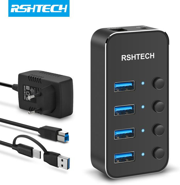 RSHTECH USB-Hub aus Aluminium mit 5 Gbit/s, USB 3.0 Splitter mit 2-in-1 USB Typ-A und Typ-C Kabel, Farbe: Silber - Bild 1