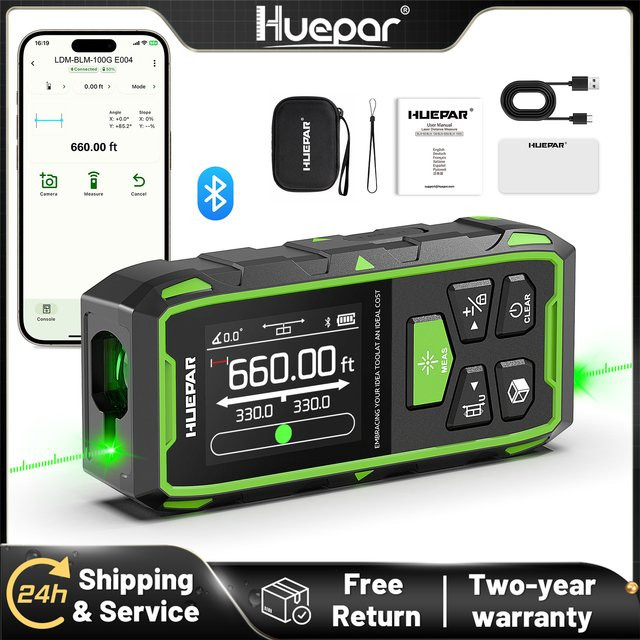 Huepar Dual-Laser-Entfernungsmesser mit Bluetooth, Grüner Laser, Messgerät in Schwarz und Grün mit LCD-Hintergrundbeleuchtung - Bild 1