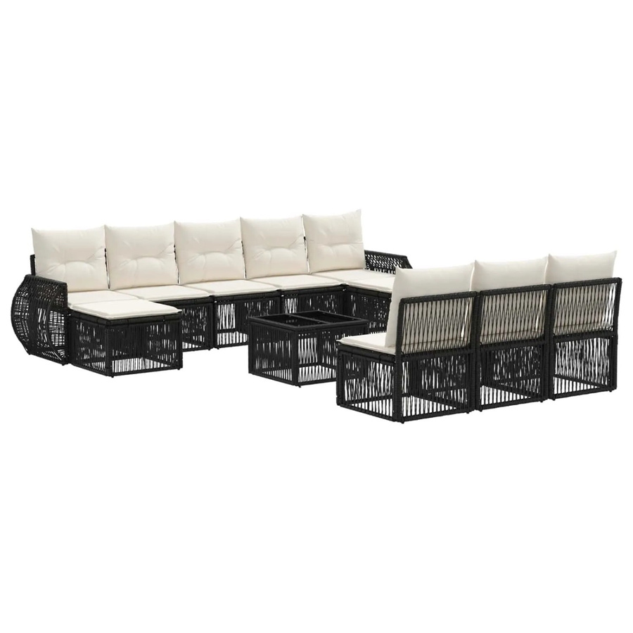 vidaXL Gartensofa-Set 11-tlg. aus Poly-Rattan in Schwarz und Cremeweiß mit Polstern und Couchtisch - Bild 2
