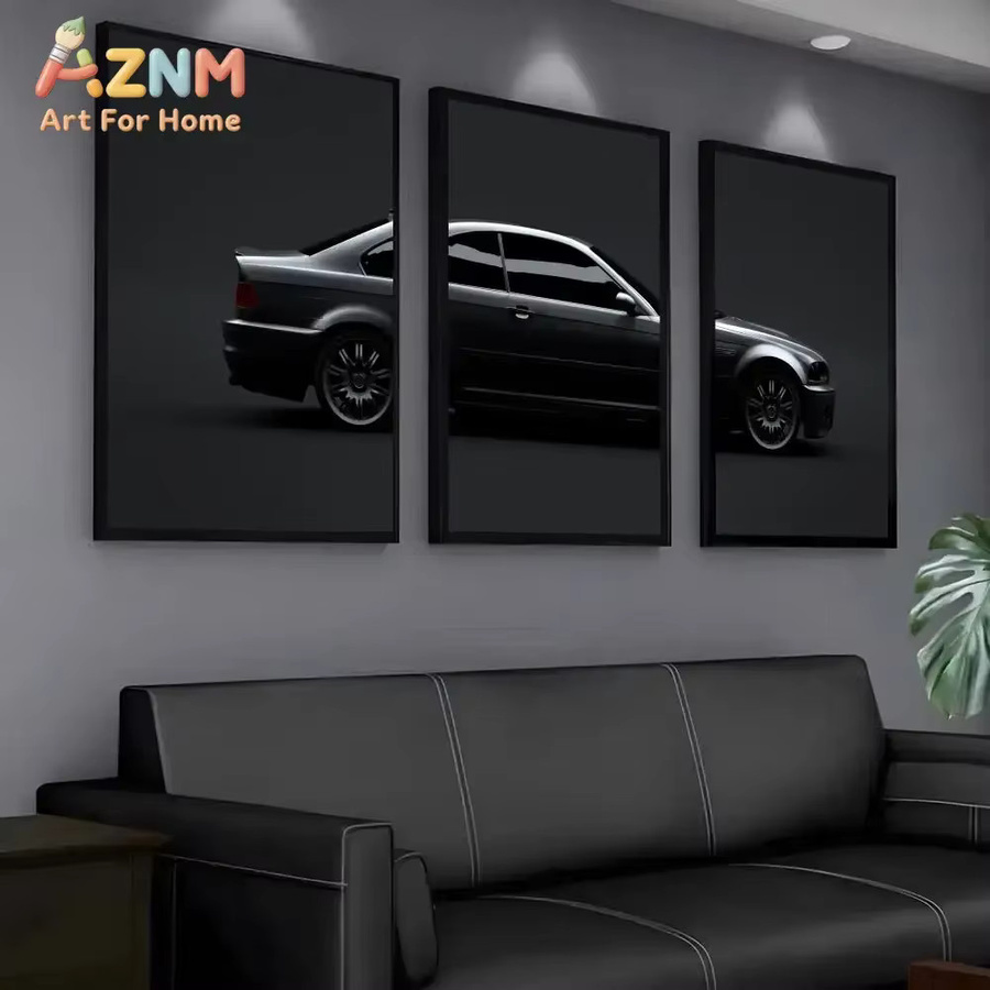 AZNM BMW E46 M3 Triptych Wandkunstdruck als ungerahmtes Leinwandposter mit minimalistischer dunkler Silhouette in Schwarz - Bild 3