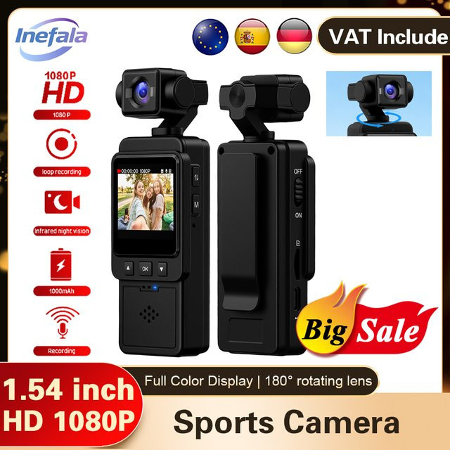 Podofo 1080P Sport-Taschenkamera mit 1,54 Zoll Mini-Objektiv, 180 Grad drehbarem WLAN-Videoaufzeichnungskamera und Bewegungserkennung in Schwarz - Bild 1