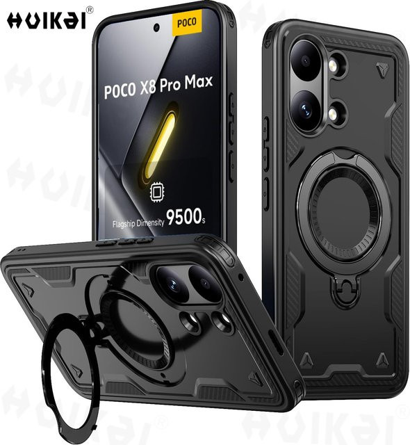 Xiaomi Poco X8 Pro 5G / Poco X8 Schutzhülle mit magnetischem Drehringhalter in Schwarz, robuste TPU+PC Stoßfeste Hülle mit Fallschutz - Bild 1