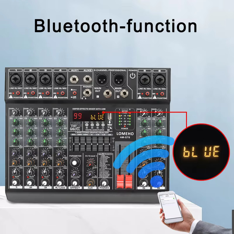 LOMEHO AM-GT6 Digitales 6-Kanal Mischpult mit Bluetooth, USB und 99 Effekten in Schwarz - Bild 5