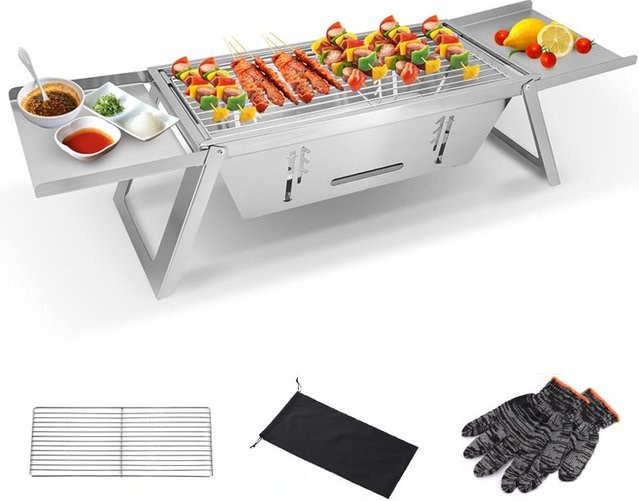 Tragbarer Holzkohle-Tischgrill aus Edelstahl in Silber mit Tragetasche für den Außenbereich, B/T/H: 73,0 x 21,5 x 17,0 cm - Bild 1