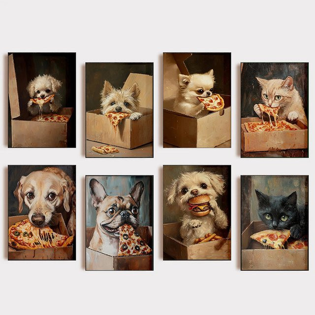 Potdemiel Vintage Leinwandgemälde mit Katzen- und Welpenmotiv beim Essen von Pizza und Burger in Multicolour - Bild 1
