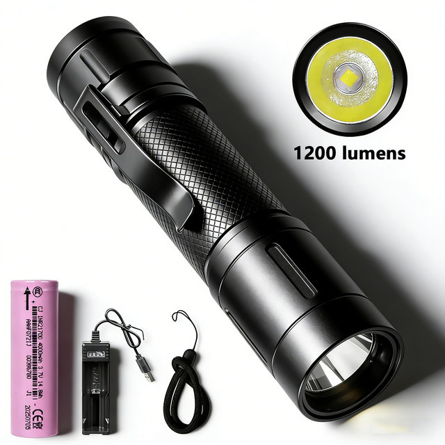 YEMAO Taktische LED Taschenlampe in Schwarz mit 1200 lm, 6 Beleuchtungsmodi, 360 Grad Clip und integrierter wiederaufladbarer 21700-Batterie - Bild 1