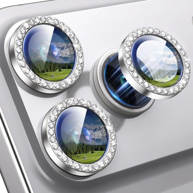 Bling Diamond Glitter Kameraobjektivschutz für iPhone 17 Pro Max, 16 Plus, 16E, 15, 14, 13 Mini in Pink oder Silber - Bild 1