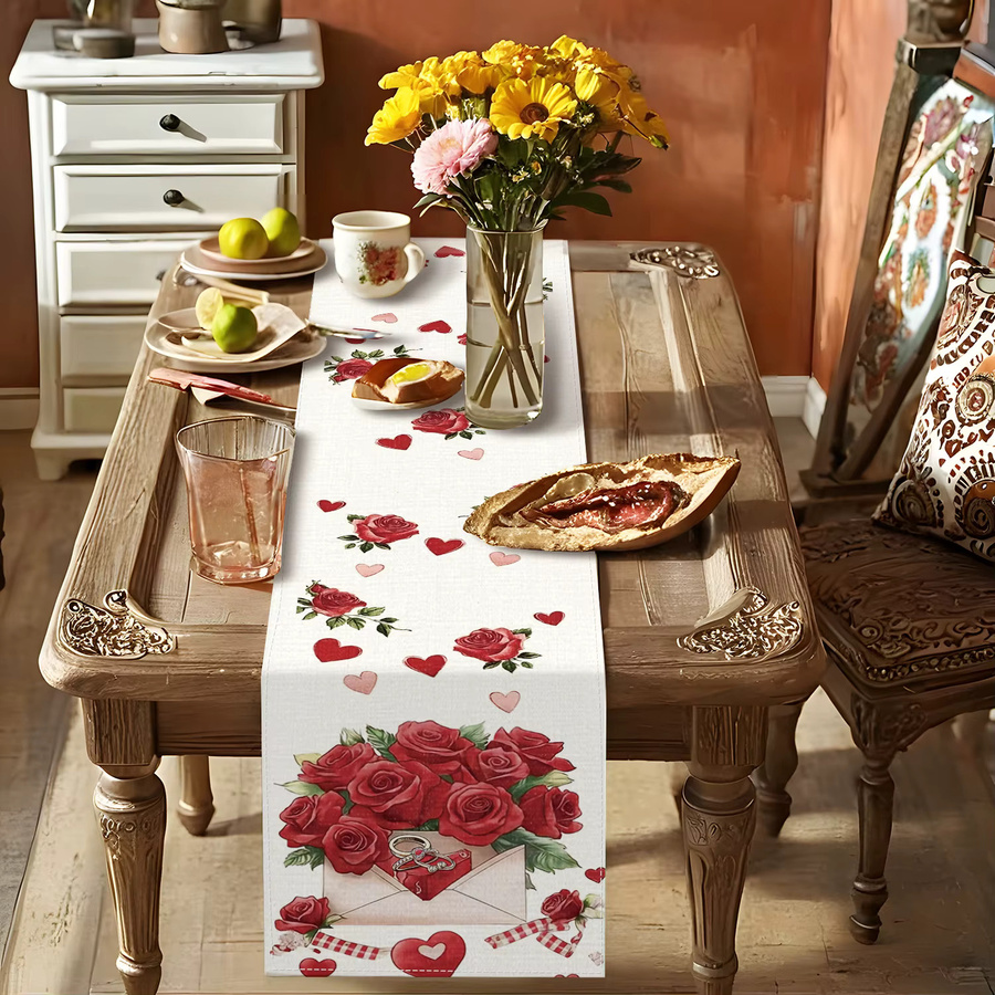 Romantischer Tischläufer mit rotem Rosen-Blumenmuster aus Leinen, rechteckig, Farbe: Rot und Weiß - Bild 3