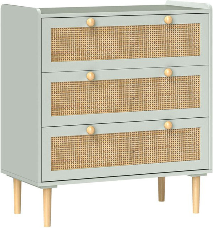 HOMCOM Kommode im Boho-Stil mit 3 Schubladen und Rattan-Elementen in Grün, H x B x T: 87,5 x 80 x 40 cm - Bild 1