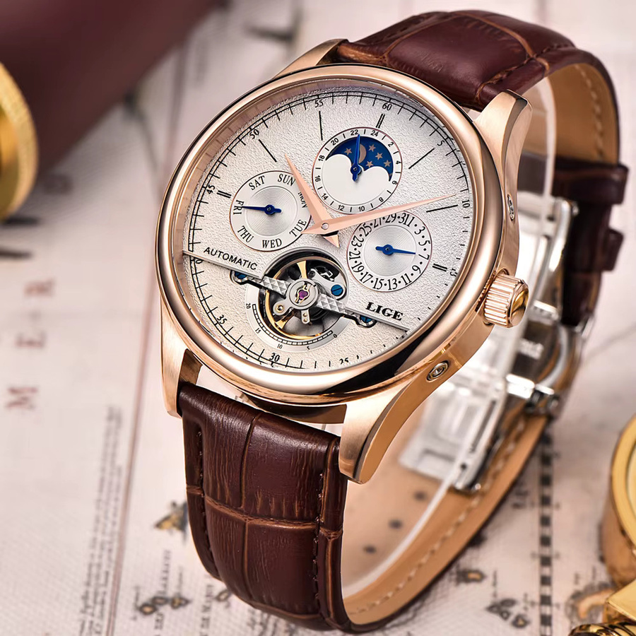 Lige Armbanduhr Automatik, Leder, Herren, Weiß, Roségold - Bild 2