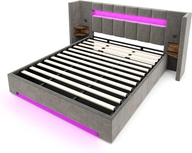 GOMYWAY Home Multifunktionales Polsterbett in Grau mit USB-Ladeport, Nachttischregalen und Unterbettbeleuchtung für Matratzen 180 x 200 cm, H x B x T: 245 x 212 x 103 cm - Bild 1