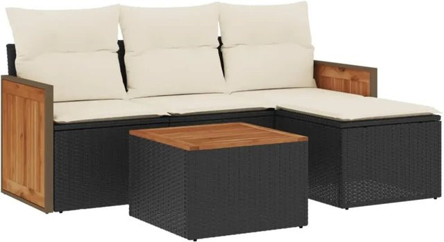 vidaXL 5-tlg. Garten-Sofagarnitur aus Poly-Rattan und Akazienholz in Schwarz mit Kissen - Bild 1