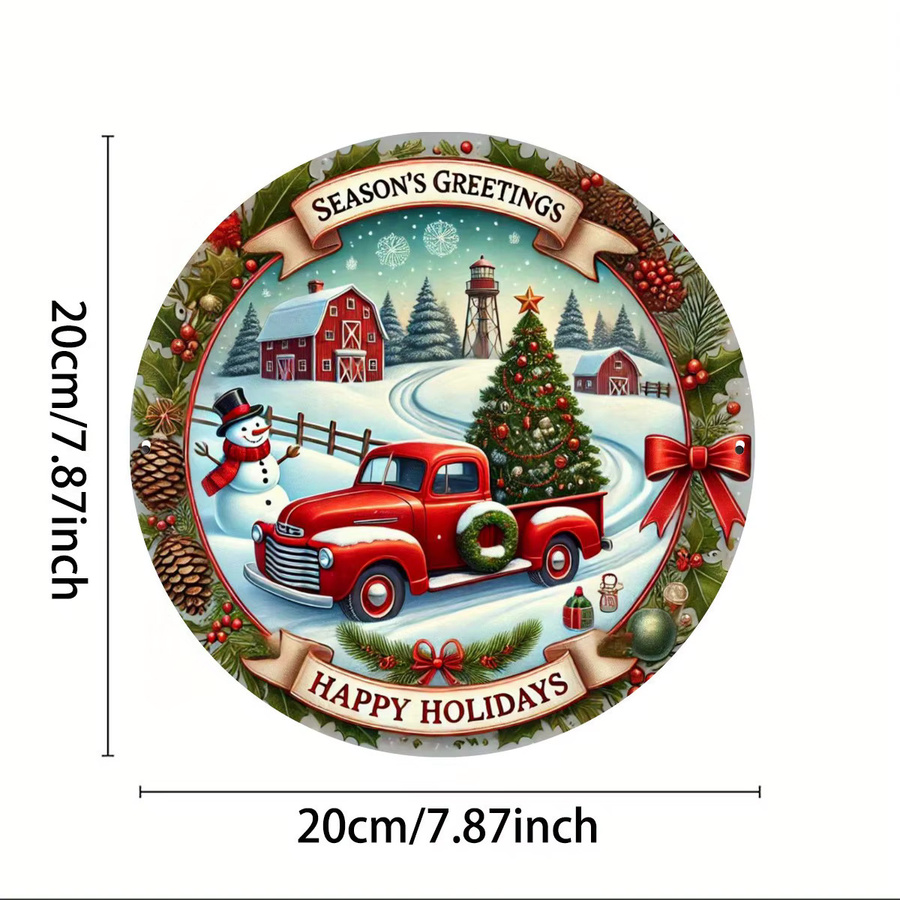Potdemiel Vintage-Weihnachtskranz-Schild aus Eisen mit Schneemann und rotem LKW, runde Hängedekoration für Haus und Garten, Durchmesser: 20,3 cm - Bild 2