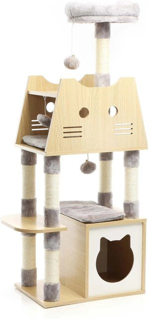 Fudajo Kratzbaum aus Holz mit Höhle und Spielzeug in Grau, Höhe: 126 cm - Bild 1