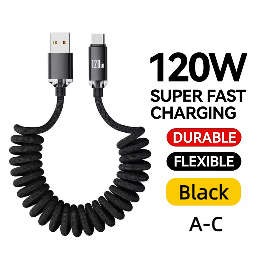 NNBILI 120W Auto USB-A zu USB-C Schnellladegerät mit spiralförmigem Teleskopkabel für Samsung, Xiaomi, Huawei und iPhone in Schwarz und Grün - Bild 7