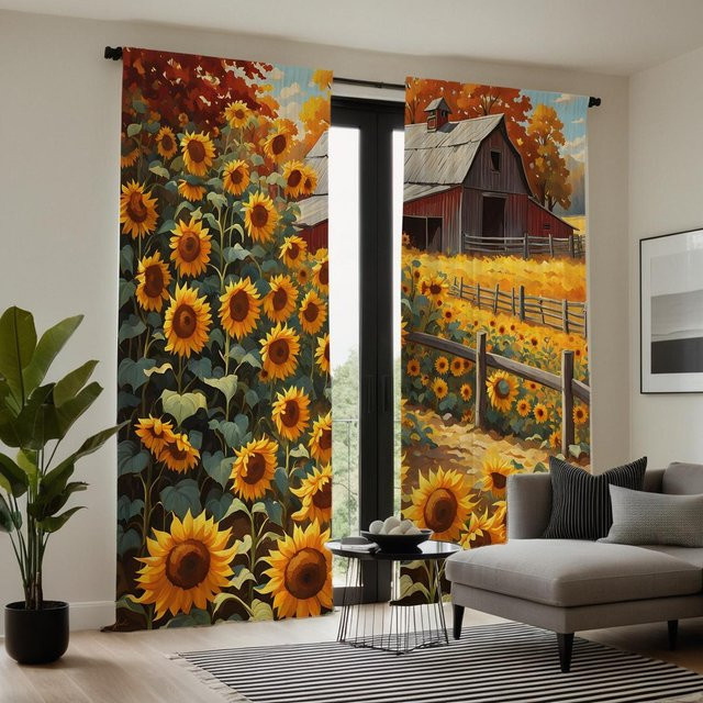 2er-Set Sonnenblumen Vorhänge mit floralem Design in Gelb und Orange, halbtransparent, B: 132 cm, H: 160 cm - Bild 1