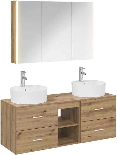vidaXL Badezimmermöbel-Set 4-teilig in Artisan-Eiche mit Glas und LED-Beleuchtung, Farbe: Braun - Bild 1