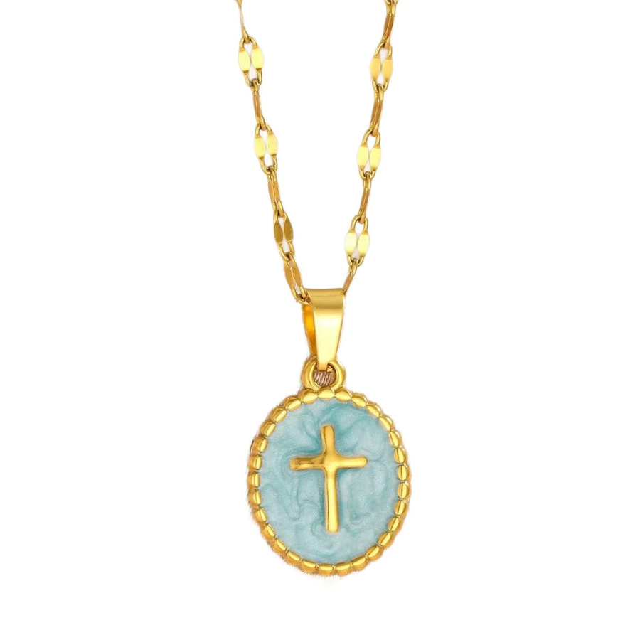 Erpels Halskette Edelstahl, Elliptischer Kreuz-Anhänger, Opal, Bunt, Damen - Bild 2