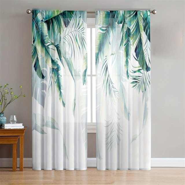 Yiran Furniture Voile-Jalousien aus Tüll mit goldenen Federn und Blättern, 2er-Set, Transparent/Gold/Weiß, B: 60 cm, H: 150 cm - Bild 1