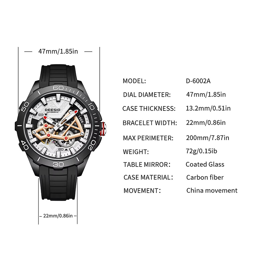 Deesio Armbanduhr Automatik, Kohlefaser, Silikon, Schwarz, Herren - Bild 6
