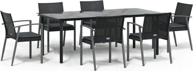 vidaXL 7-teilige Garten-Essgruppe aus Poly Rattan und Stahl in Schwarz und Dunkelgrau mit Hartglas-Tischplatte und Kissen - Bild 1