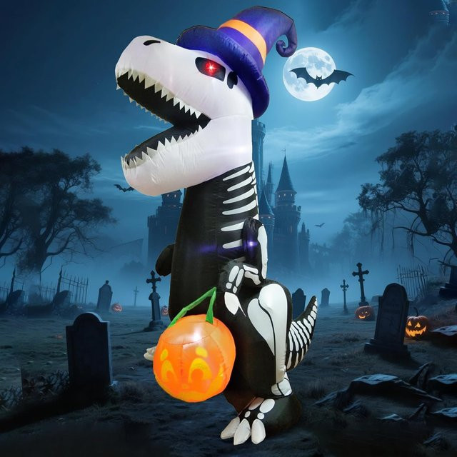 Sloosh Aufblasbares Skelett-Dinosaurier-Modell mit Kürbis für die Halloween-Außendekoration, Höhe: 243,84 cm - Bild 1