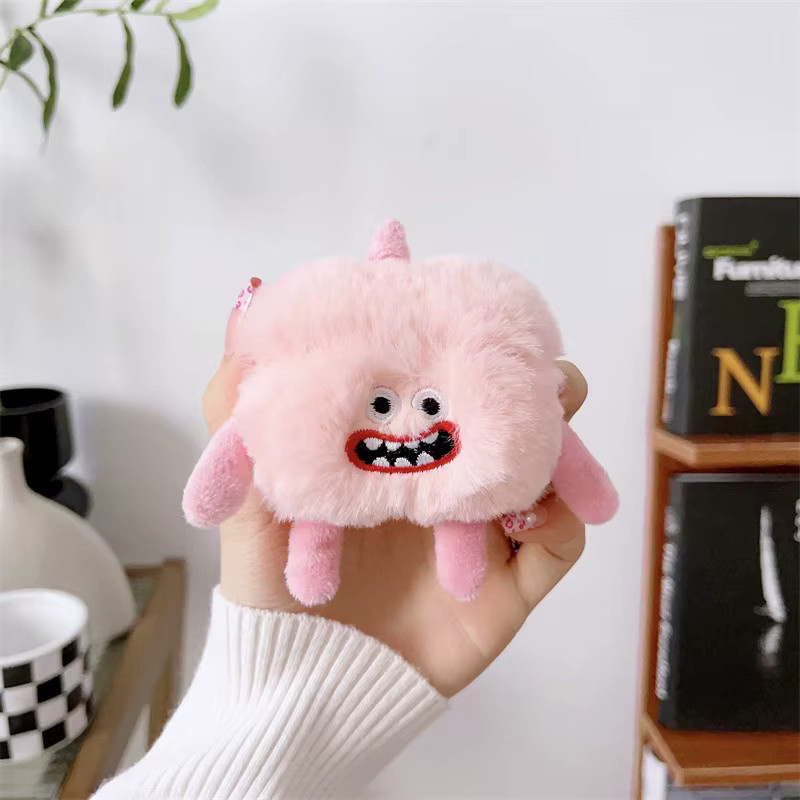 Flauschige Pelzplüsch Kopfhörerhülle im Cartoon-Monster-Design für Apple AirPods Pro 1 2 3 4, Farbe: Pink - Bild 2
