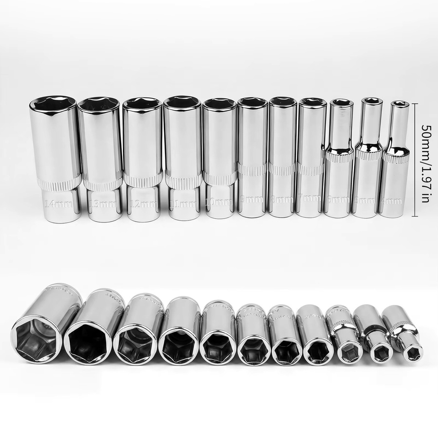 11-teiliger Steckschlüsselsatz von DUTRIEUX, 1/4 Zoll, metrisch, 6-Kant, Lang, Farbe: Silber, Größen von 4mm bis 14mm - Bild 2