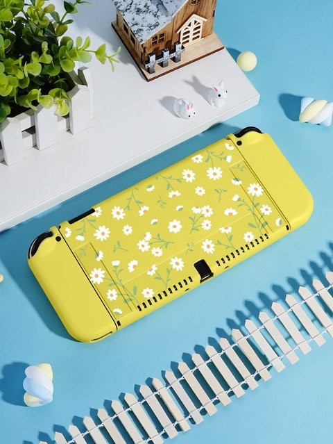 Blumen Schutzhülle für Nintendo Switch OLED in Gelb mit trennbaren Joycon-Abdeckungen - Bild 1