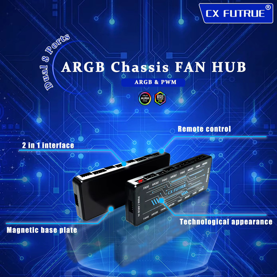 CX FUTRUE 8-Port PWM ARGB Lüftersteuerungshub mit Fernbedienung, 5V 3-Pin RGB, Magnetische Rückwand und SATA-Stromversorgung, Schwarz - Bild 5