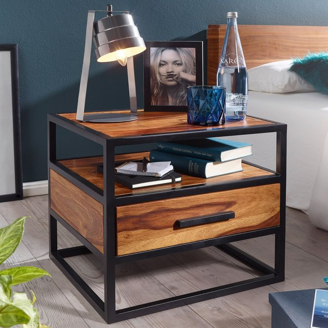 Finebuy Nachtkonsole aus Sheesham Massivholz und Stahl im Industrial Design, braun - Bild 1