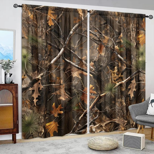 2er-Set Wildes Dschungel Vorhang mit floralem Muster in Braun von Household supplies MH, semi-transparent, Breite: 107 cm, Höhe: 160 cm - Bild 1