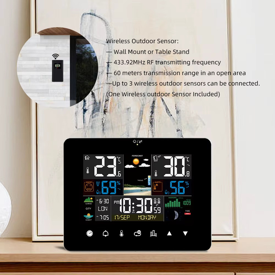 Meterk Multifunktions-Wetterstation mit Touchscreen und kabellosem Außensensor in Schwarz - Bild 4