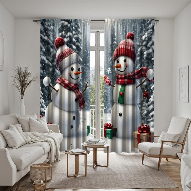 2er-Set Weihnachts Vorhang mit Schneemann-Motiv, Weiß und Grau, digital bedruckt, B: 132 cm, H: 160 cm - Bild 1