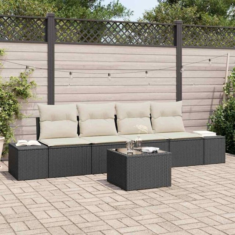 Vidaxl Garten-Sofa-Set aus Polyrattan mit Kissen, 5-teiliges Loungemöbel-Set in Schwarz und Beige, B/T/H: 55 x 55 x 37 cm - Bild 1