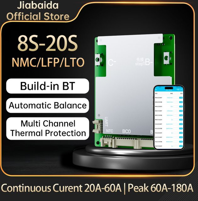 Jiabaida Bluetooth Smart BMS mit automatischer Identifizierung für LFP 3,2 V und NMC 3,7 V, kompatibel mit 9S bis 16S sowie 24V, 36V und 48V, 40A bis 80A - Bild 1
