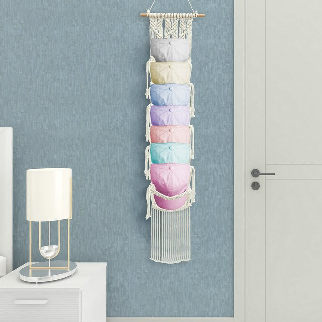 Everso Makramee Kappenhalter in Weiß, handgewebter Boho Wandbehang als Wand-Hutablage - Bild 1
