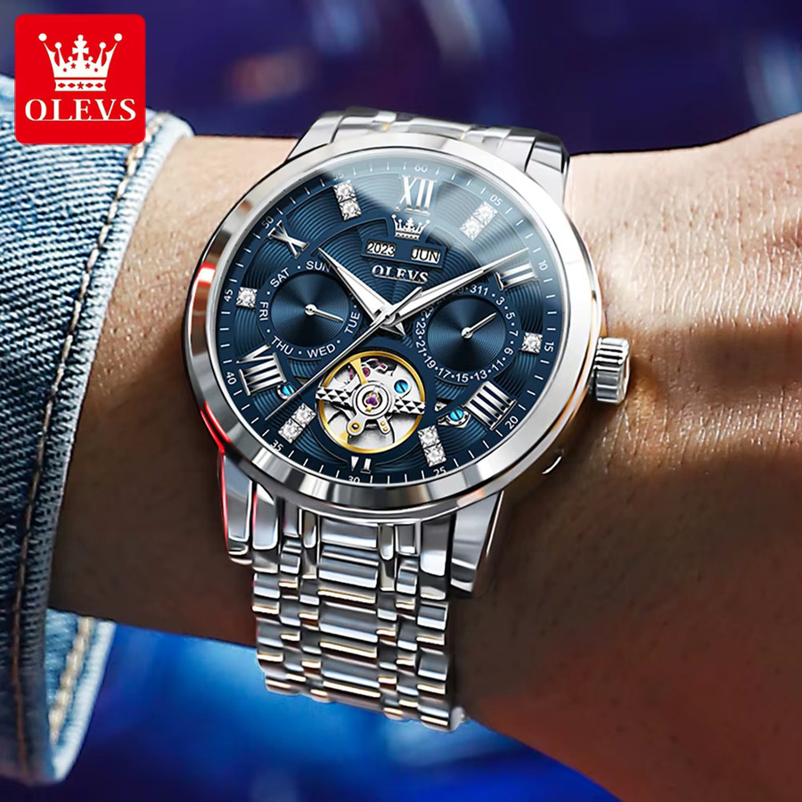 Olevs Armbanduhr Automatik, Skelett, Edelstahl, Herren, Blau, Silber - Bild 4