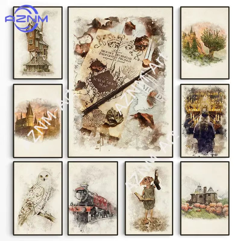 KAYOU Wandkunst-Poster mit Schloss, Eule und Kürbishaus als Leinwandgemälde in Vintage-Optik, mehrfarbig - Bild 2