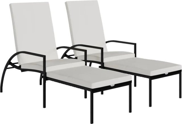 Furnicato Sonnenliegen Set aus 2 Stück mit Fußhockern in Schwarz aus Polyrattan mit verstellbarer Kopfstütze und Armlehnen - Bild 1