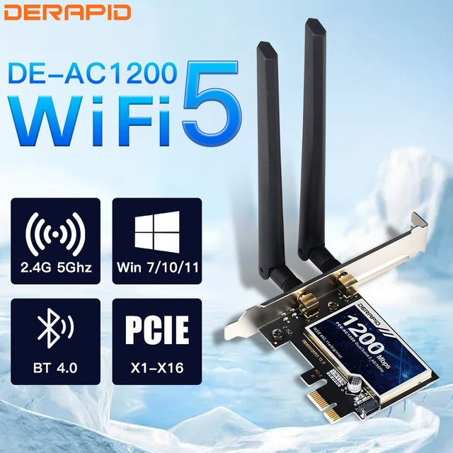 Derapid AC1200 PCIe WLAN Karte mit Dual Band 2,4 GHz/5 GHz und Bluetooth, Intel Chip für Desktop, Schwarz - Bild 1