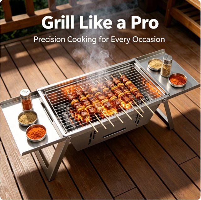 Tragbarer Mini-Holzkohlegrill aus Edelstahl in Silber, faltbarer Outdoor-Tischgrill - Bild 1