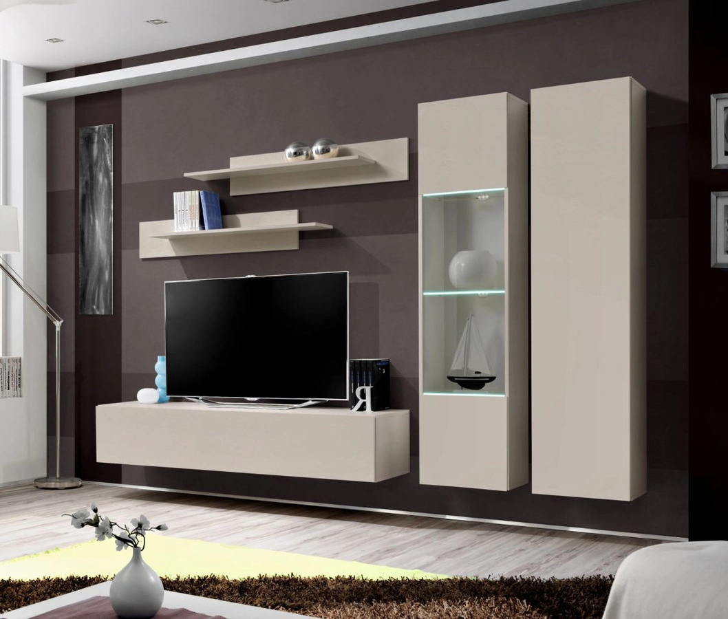 Wohnwand Option von Inn.Furn in Kaschmir Beige, 5-teiliges Set mit LED-Beleuchtung und Glasvitrine, Breite: 260 cm - Bild 3