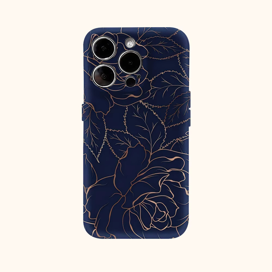 Marinegoldene Handyhülle mit floralem Lineart-Design für iPhone 17 Pro Max, 17, 16, 15, 14, 13, 12, 11 und Air/16E mit doppellagiger Rückseite in Blau und Gold - Bild 2