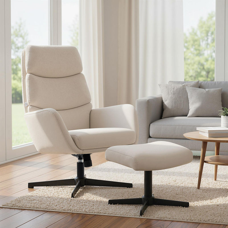 HOMCOM Relaxsessel mit Hocker in Beige, Loungesessel mit Wippfunktion und hoher Rückenlehne in Leinenoptik mit Metallsockel - Bild 2