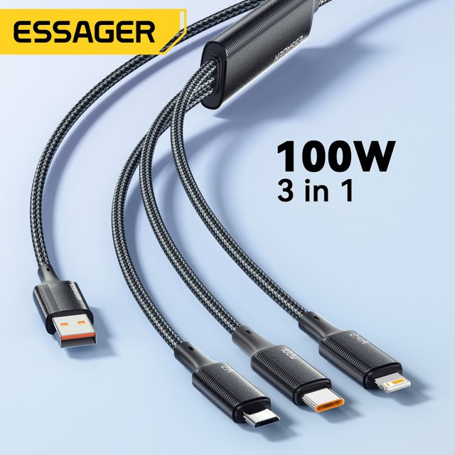 Essager 3-in-1 USB-C auf USB-C und Lightning Schnellladekabel mit PD 100 W Datenübertragung in Schwarz - Bild 1