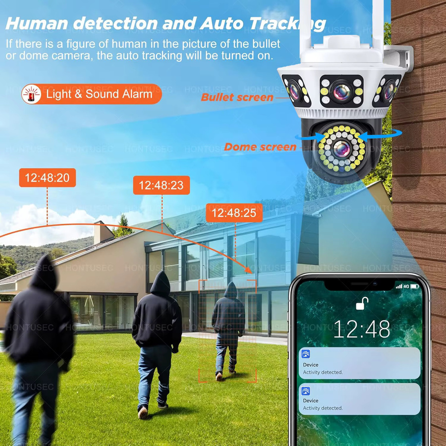 YOOSEE 6K 12MP Outdoor Sicherheitssystem mit 3 Objektiven und 3 Bildschirmen, Wifi PTZ Kamera, Wasserdicht, Zwei-Wege-Audio und Farb-Nachtsicht, Weiß - Bild 2