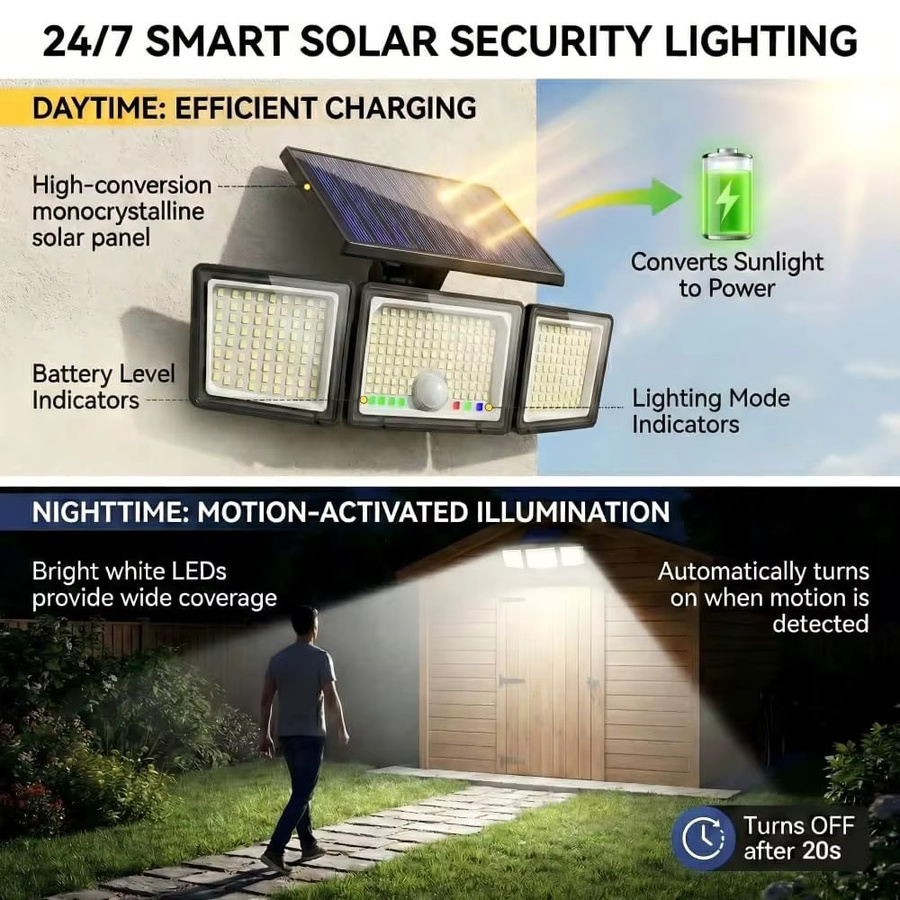 UMEXUS Solarleuchte für den Außenbereich mit 286 LEDs, 3500 Lumen, Bewegungssensor, IP65 wasserdicht, Schwarz - Bild 6